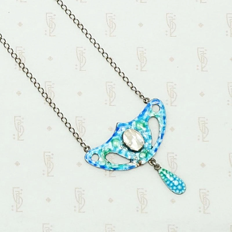 Arts & Crafts Mermaid Mood Enameled Necklace. Detailed view with Mother of Pearl.
