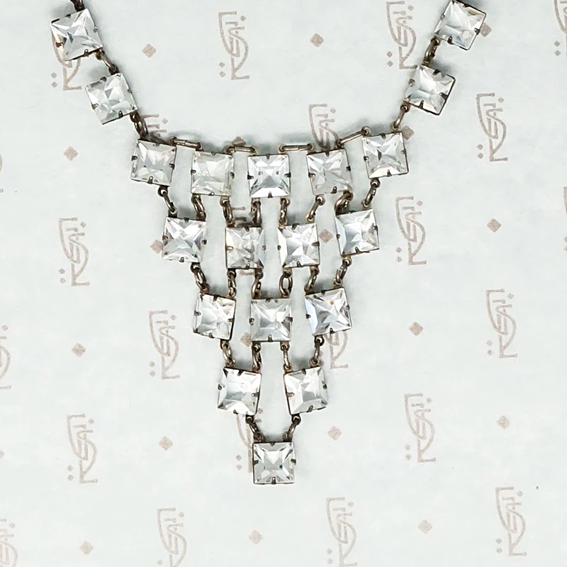 Art Deco Crystal and Chrome Bib Necklace