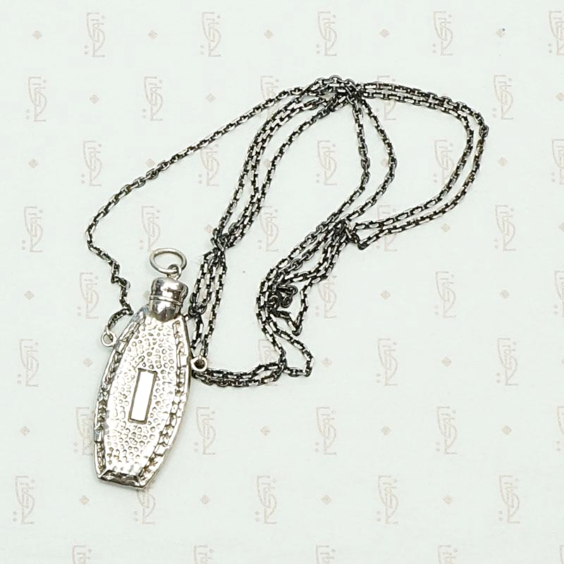 Arts & Crafts Sterling Silver Perfume Bottle Necklace. Detail view.