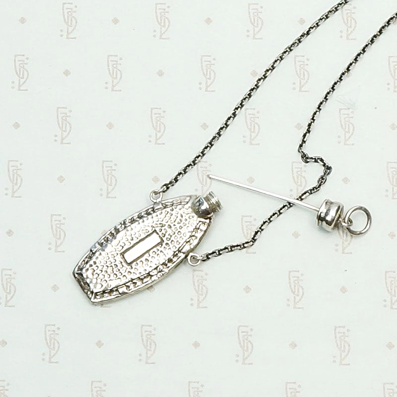 Arts & Crafts Sterling Silver Perfume Bottle Necklace. Applicator view.