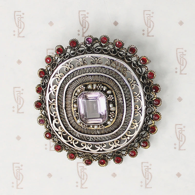 Ornate Silver Gilt Filigree Brooch with Glass Gems