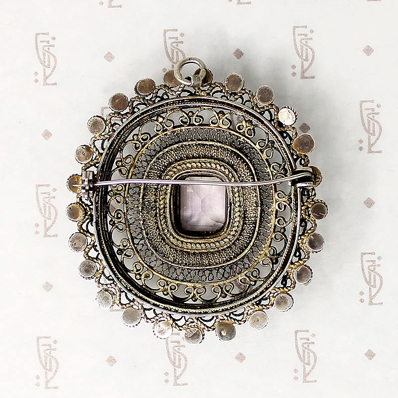 Ornate Silver Gilt Filigree Brooch with Glass Gems