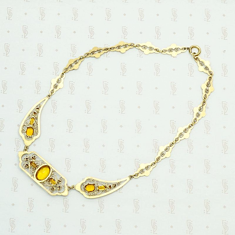 Czech Art Deco Collar in Brass and Golden Glass. Back view.