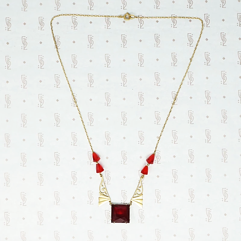 Cherry Red Glass Art Deco Necklace