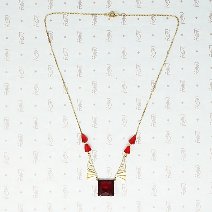 Cherry Red Glass Art Deco Necklace