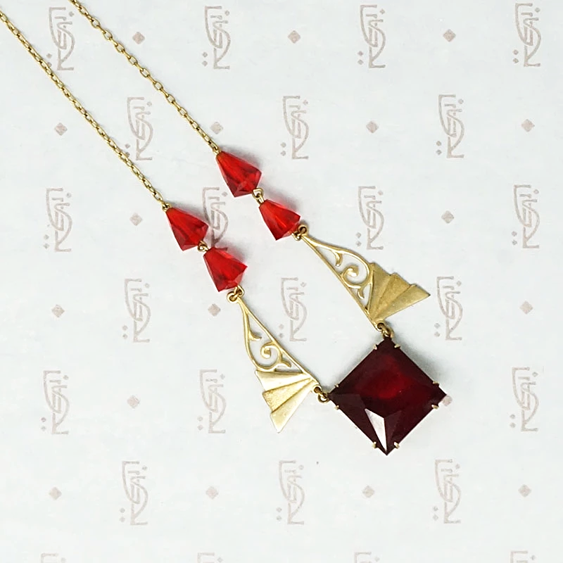 Cherry Red Glass Art Deco Necklace