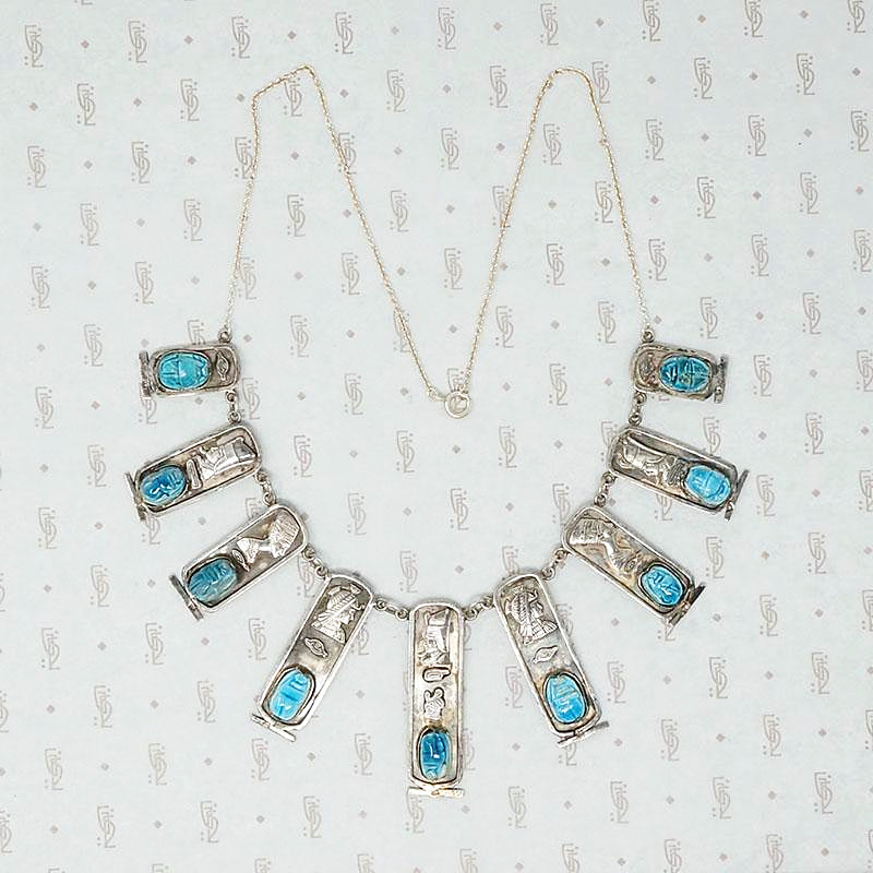 Egyptian Revival Necklace with Faience Scarabs