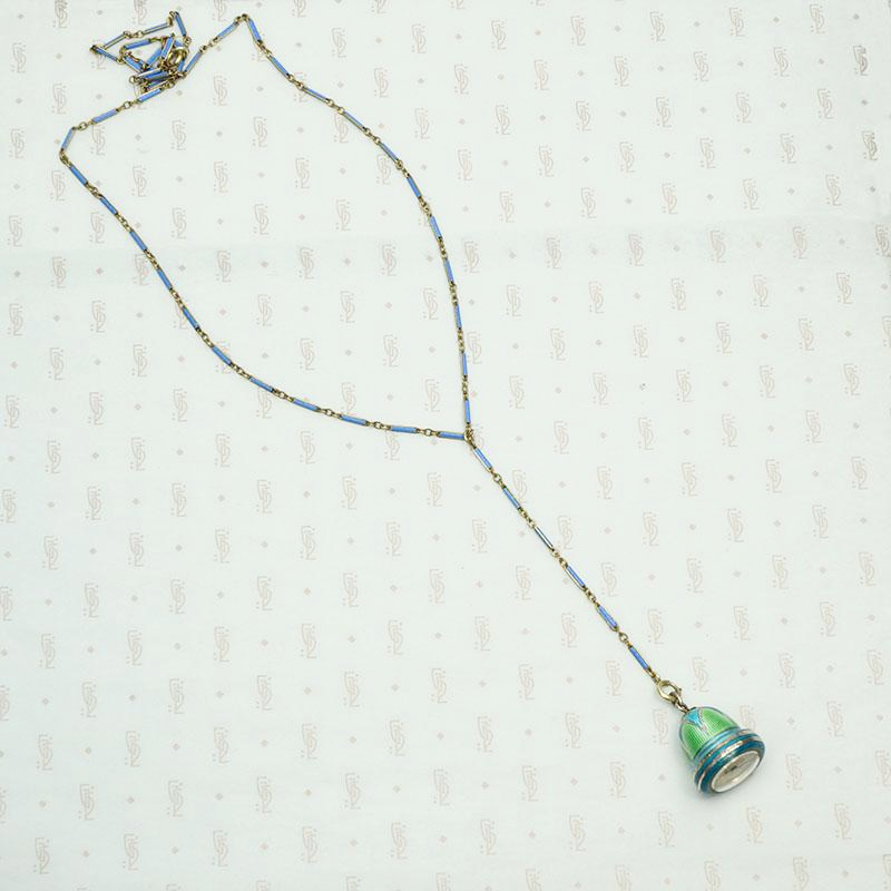 Stunning Blue and Green Enameled 1920s Pendant Watch and Chain