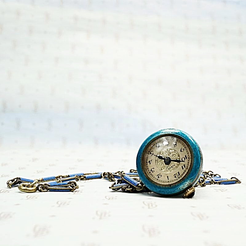 Stunning Enameled 1920s Pendant Watch and Chain. Second watch face view.