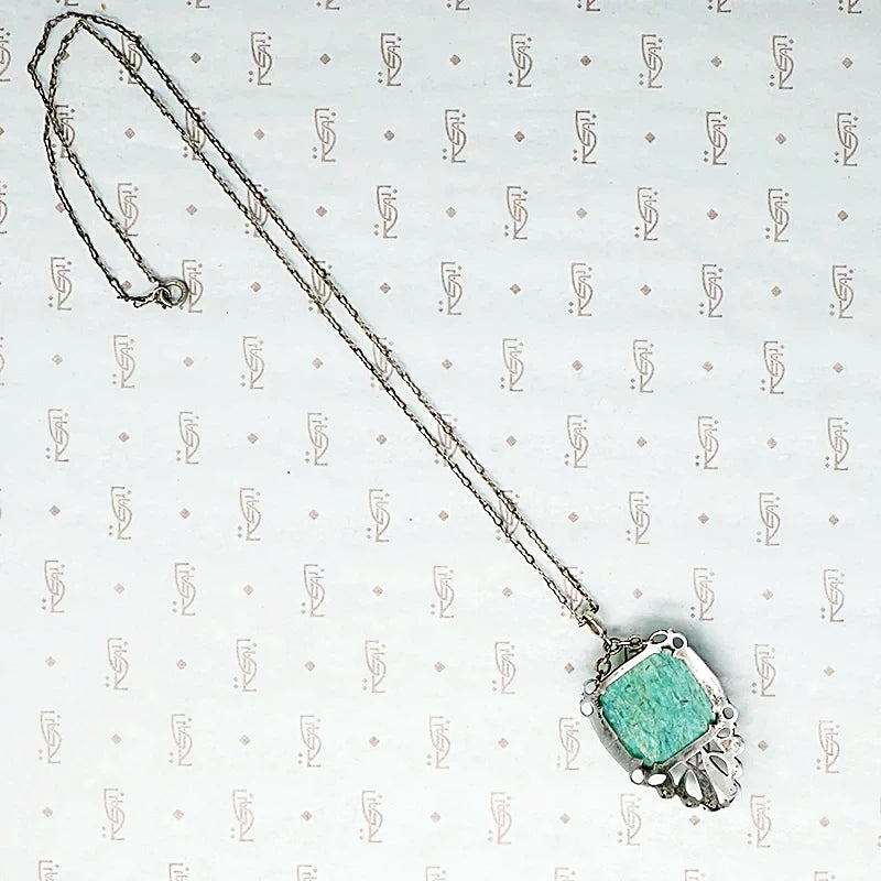 1920s Amazonite and Marcasite in Sterling Pendant