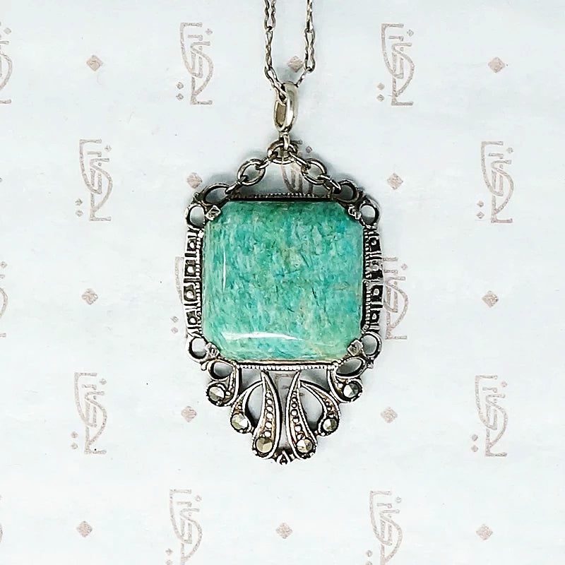 1920s Amazonite and Marcasite in Sterling Pendant
