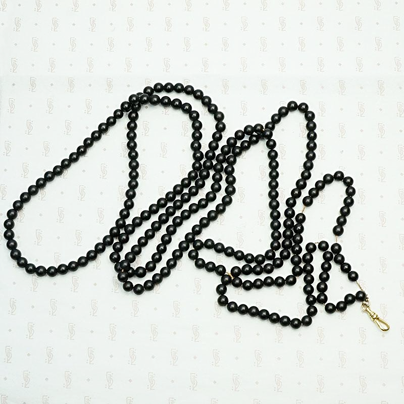 Extra Long Victorian Black Matte Glass Bead Necklace with Dog Hook