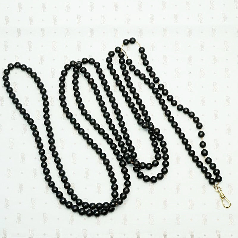 Extra Long Victorian Black Matte Glass Bead Necklace with Dog Hook