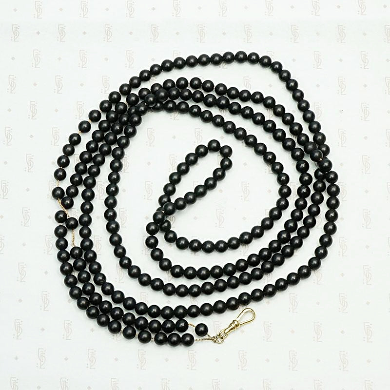 Extra Long Victorian Black Matte Glass Bead Necklace with Dog Hook
