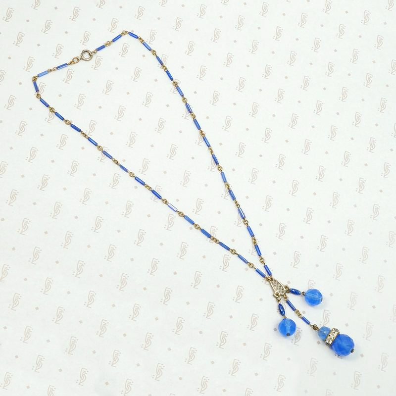 Luminous Blue Beaded Brass Necklace