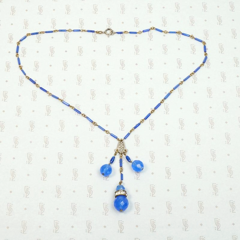 Luminous Blue Beaded Brass Necklace