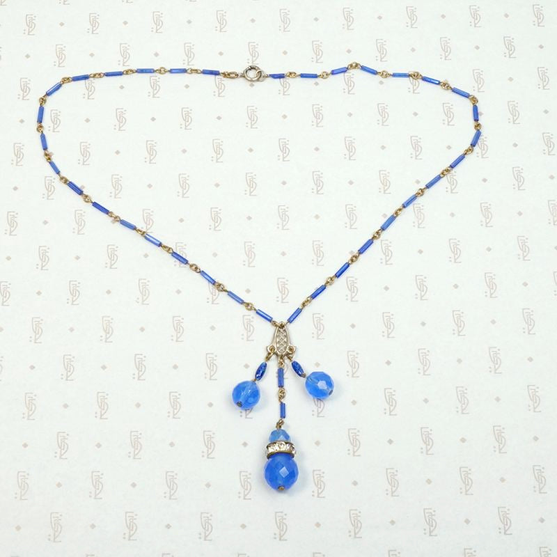 Luminous Blue Beaded Brass Necklace