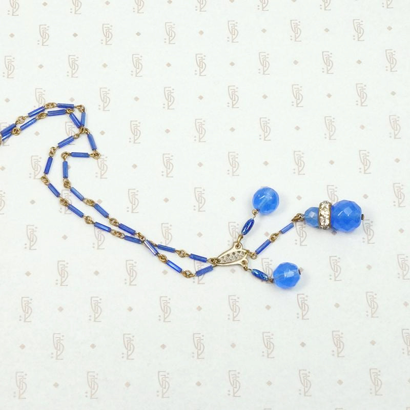 Luminous Blue Beaded Brass Necklace