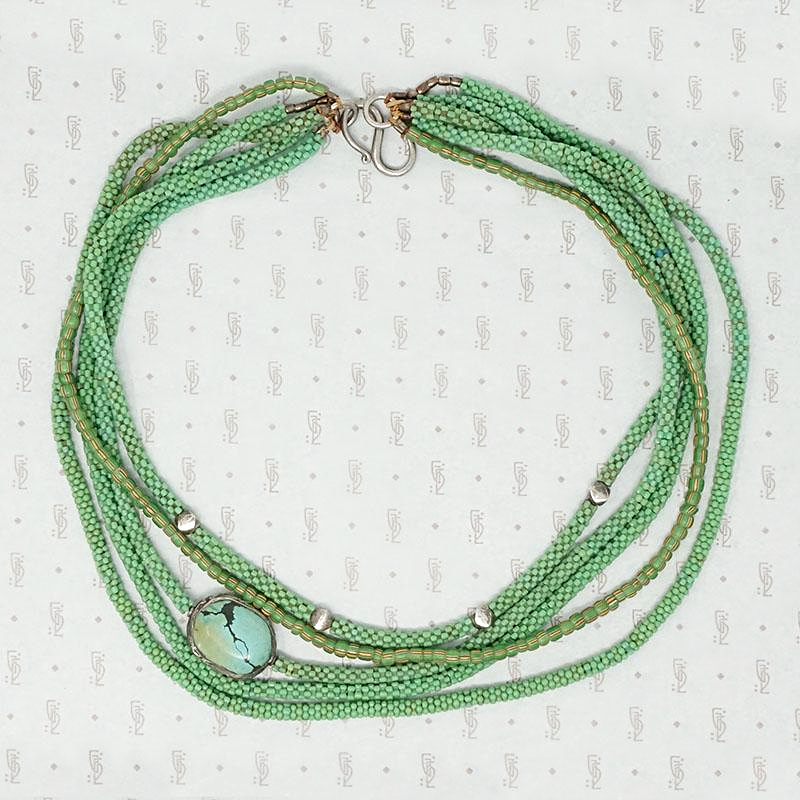 Spring Green Trade Bead Necklace with Turquoise Detail