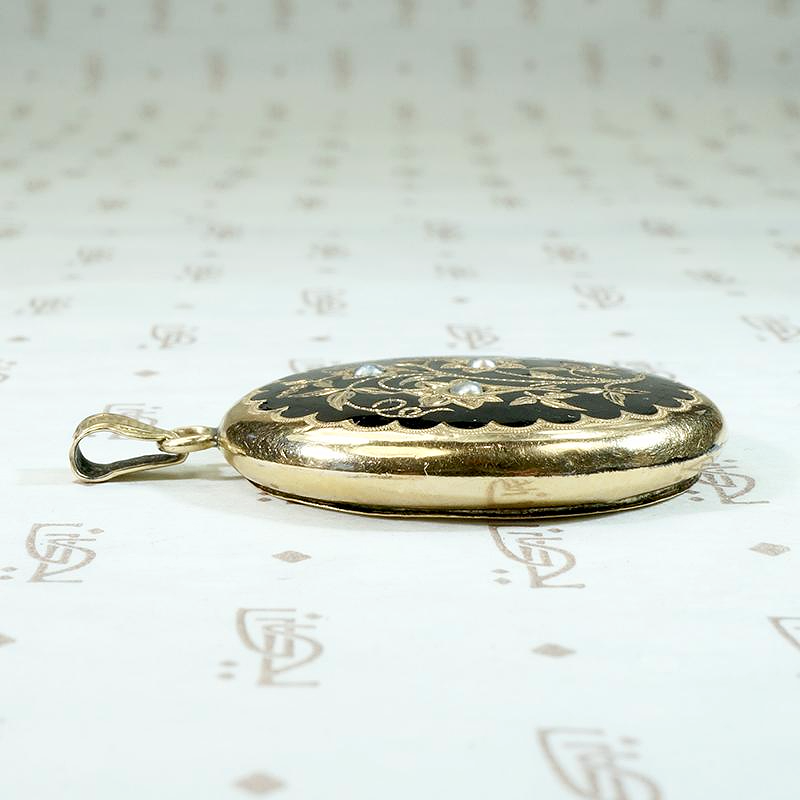 Enameled & Engraved Victorian Pearl-Set Gold Locket