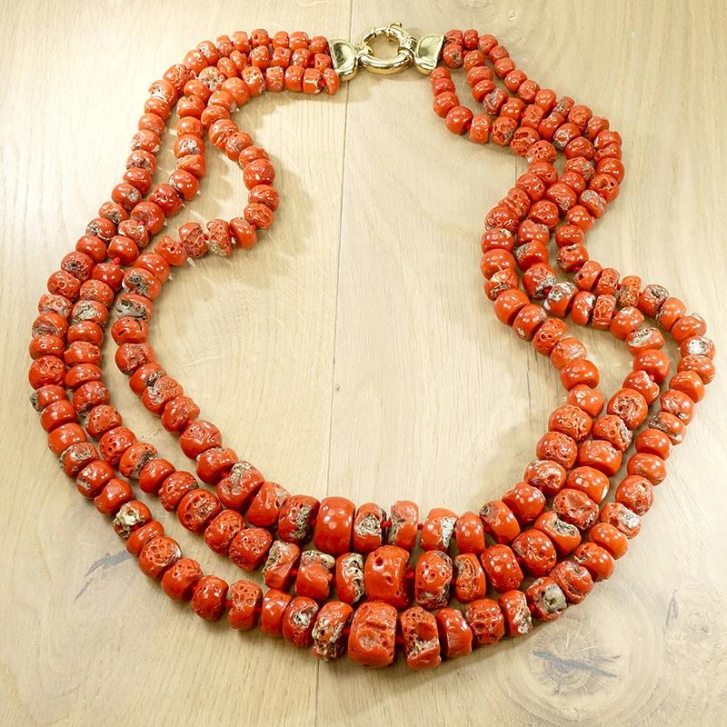 Three Strand Red Organic Bead Statement Necklace