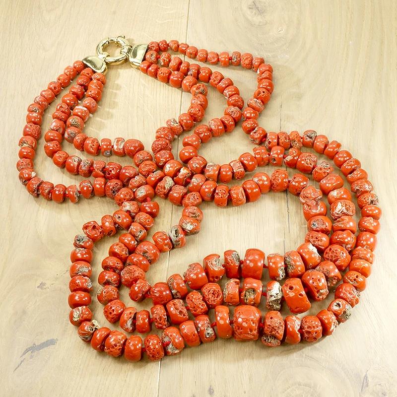 Three Strand Red Organic Bead Statement Necklace