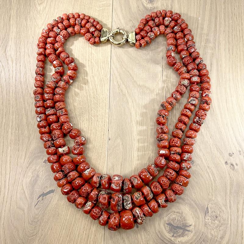 Three Strand Red Organic Bead Statement Necklace