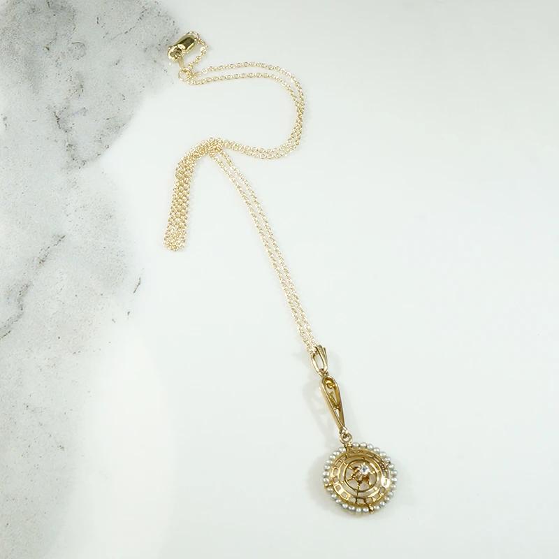 Gold Lavalier Pendant with Diamond & Pearl Halo