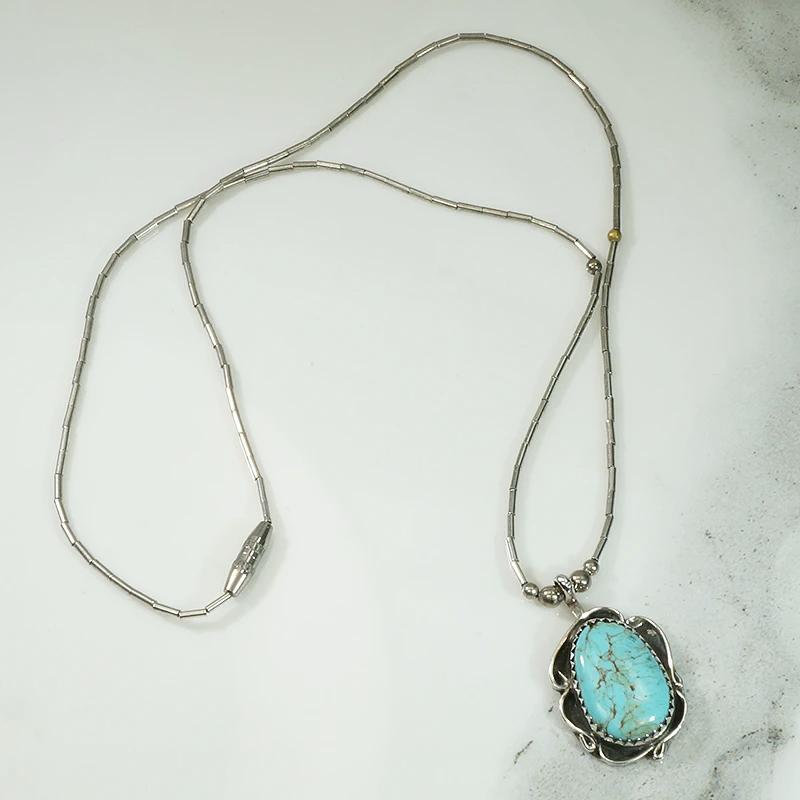Turquoise Silver Overlay Pendant on Beaded Chain