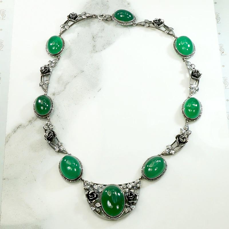 Gorgeous Green Chrysoprase & Silver Rose Necklace