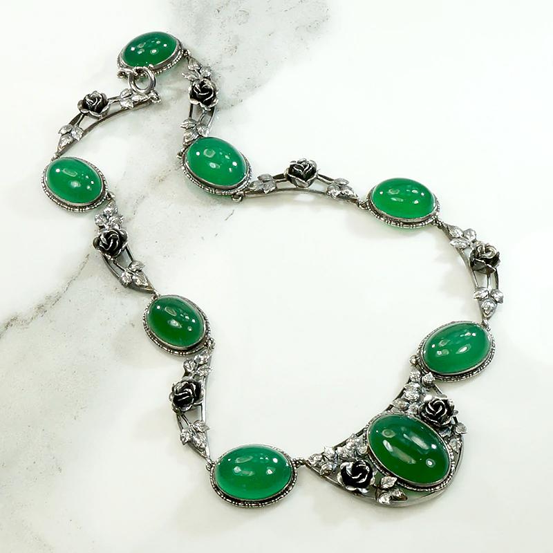 Gorgeous Green Chrysoprase & Silver Rose Necklace