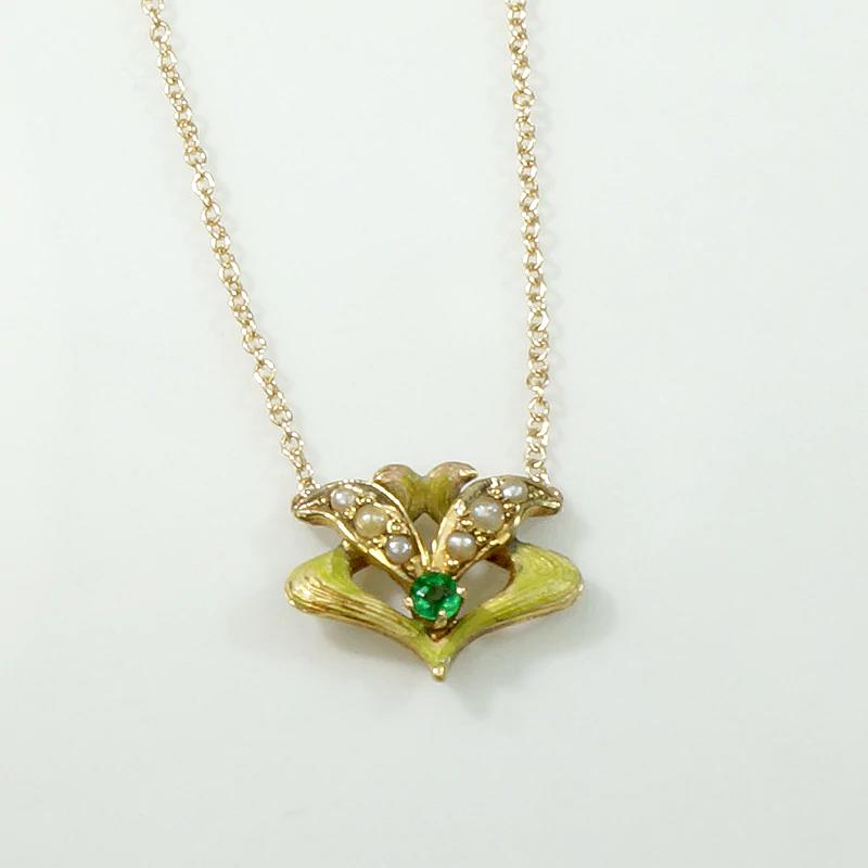 Green & Gold Enameled Art Nouveau Necklace