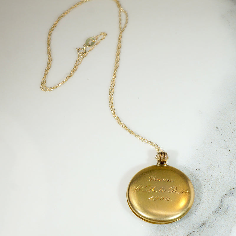 Engraved "1908" Gold Locket with Hinged Bale