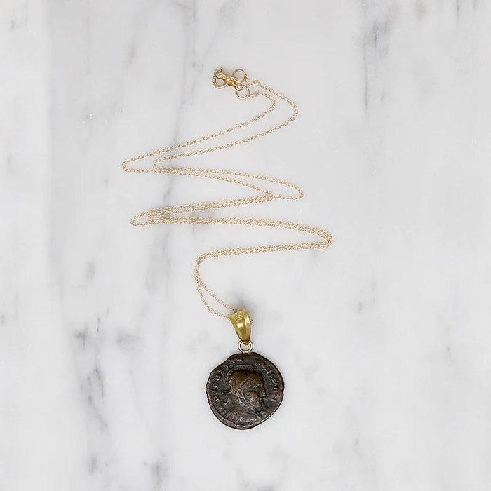 Emperor Constantine Roman Copper Coin in Gold Necklace
