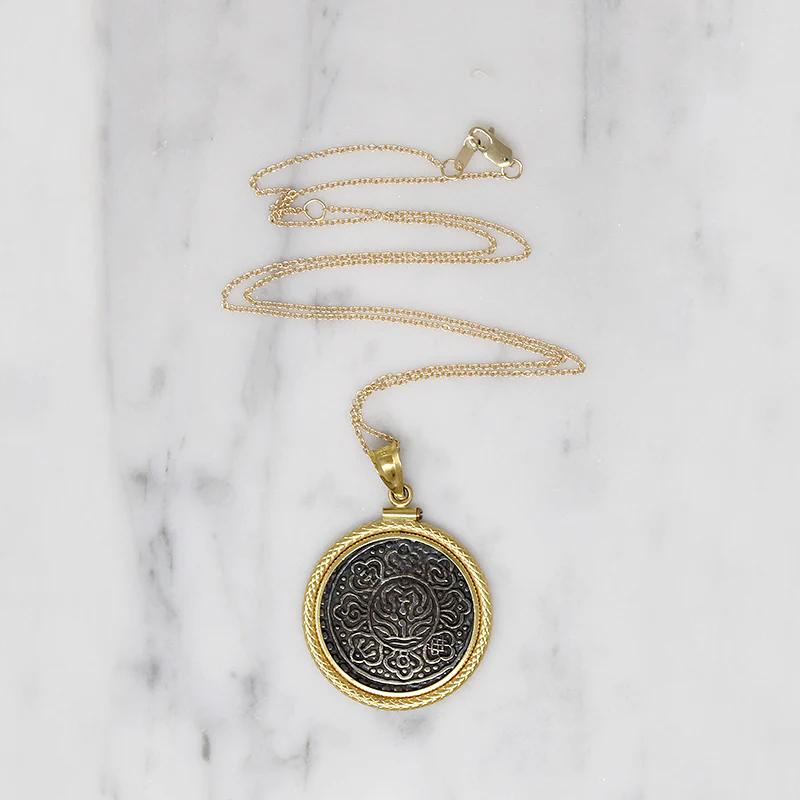 Antique Tibetan Ga-den Tangka Coin in 18k Pendant