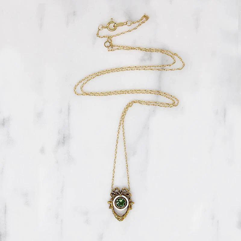 Neoclassical Green Garnet, White Enamel & Gold Pendant