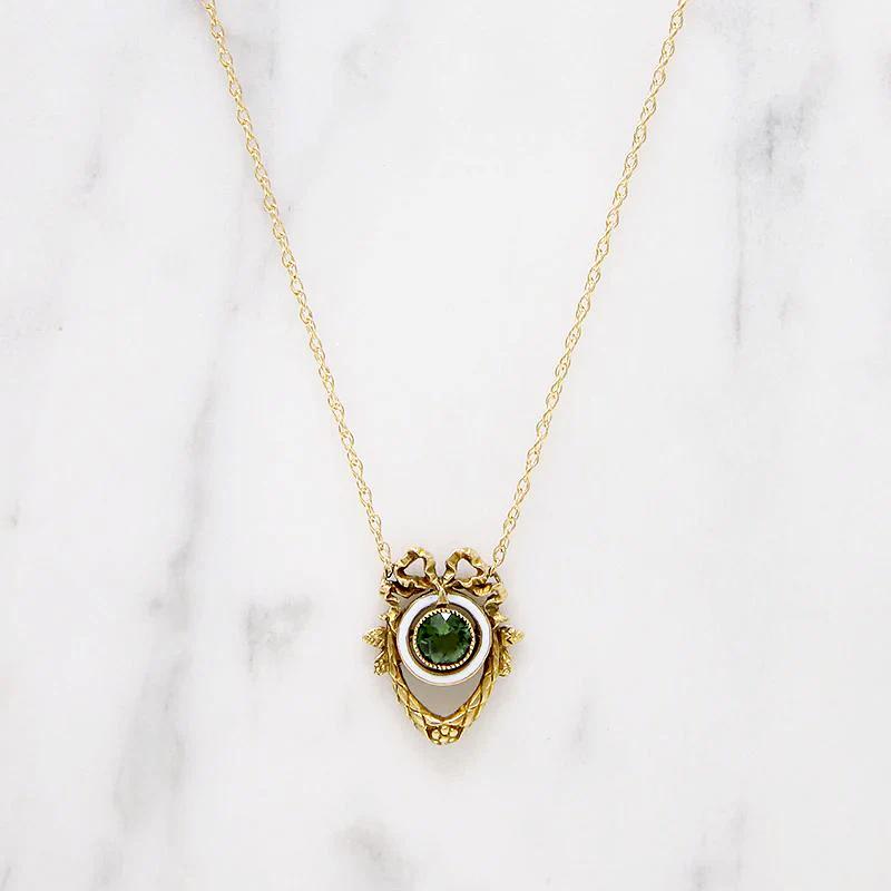 Neoclassical Green Garnet, White Enamel & Gold Pendant