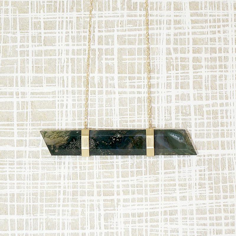 Sophisticated Moss Agate in Gold Banded Necklace
