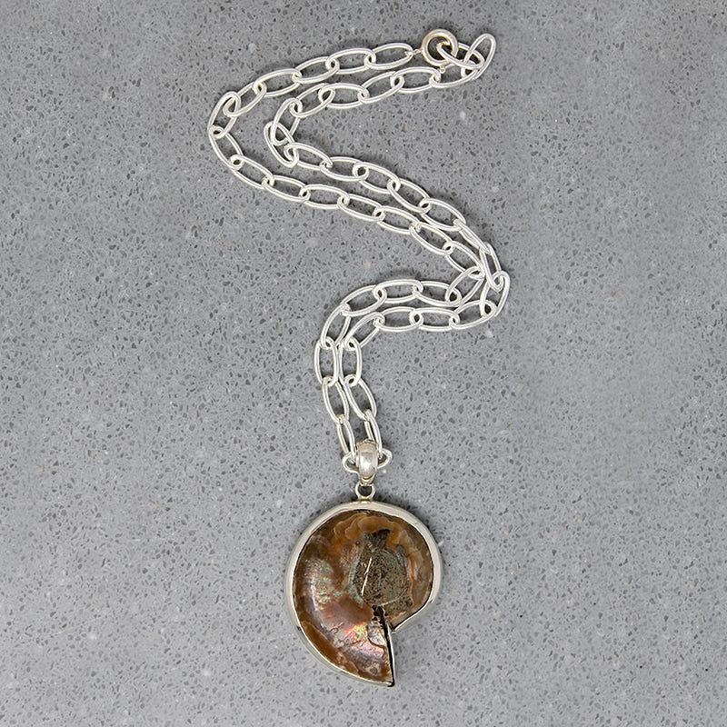 Pearlescent Ammonite Fossil in Sterling Pendant