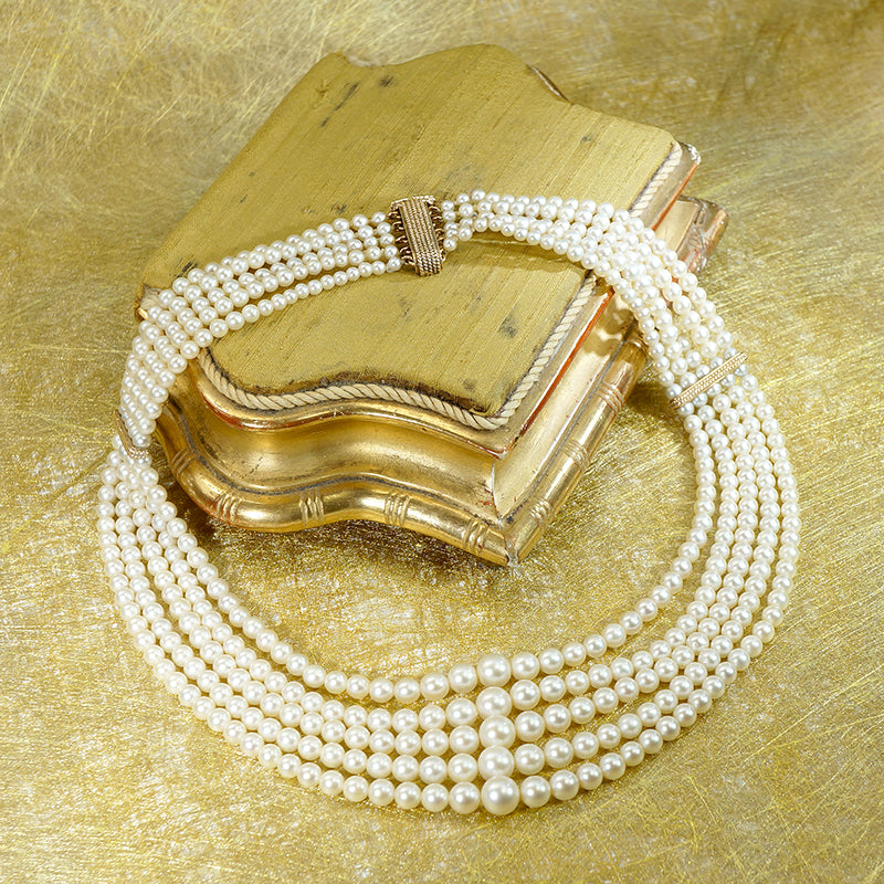 Five Strand Pearl & Gold Festoon Necklace