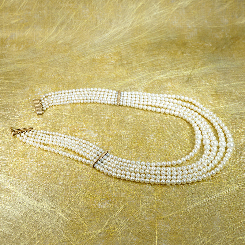 Five Strand Pearl & Gold Festoon Necklace