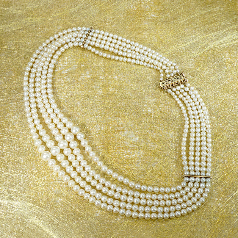 Five Strand Pearl & Gold Festoon Necklace