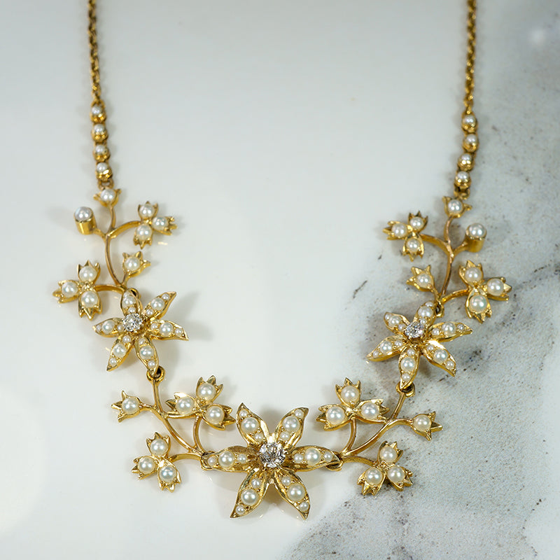 Golden Garland Pearl & Diamond Flora Necklace