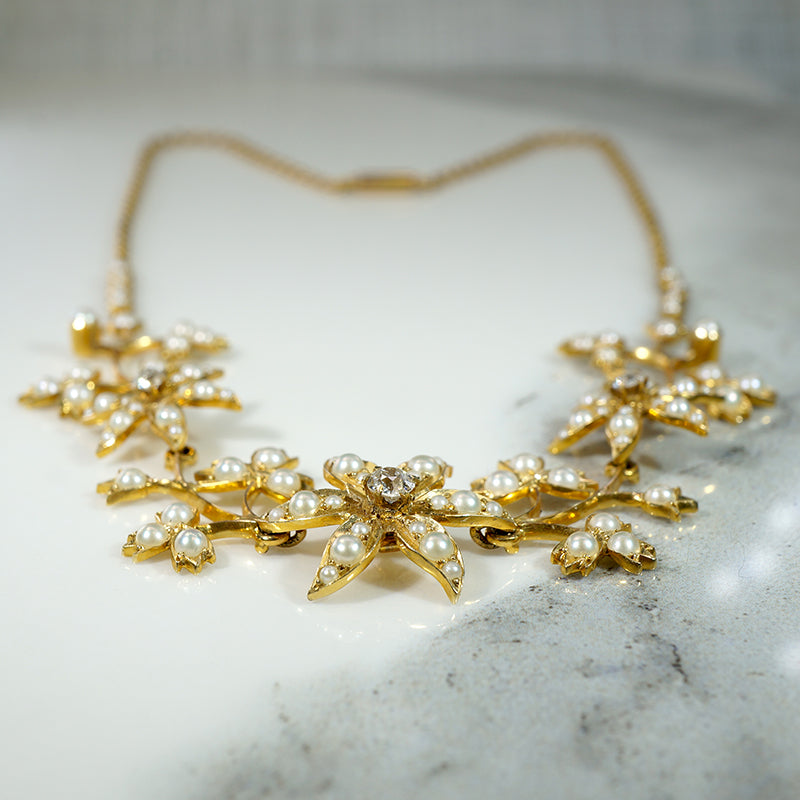 Golden Garland Pearl & Diamond Flora Necklace