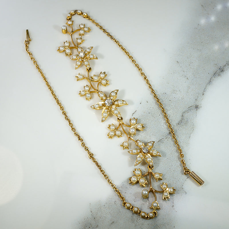Golden Garland Pearl & Diamond Flora Necklace