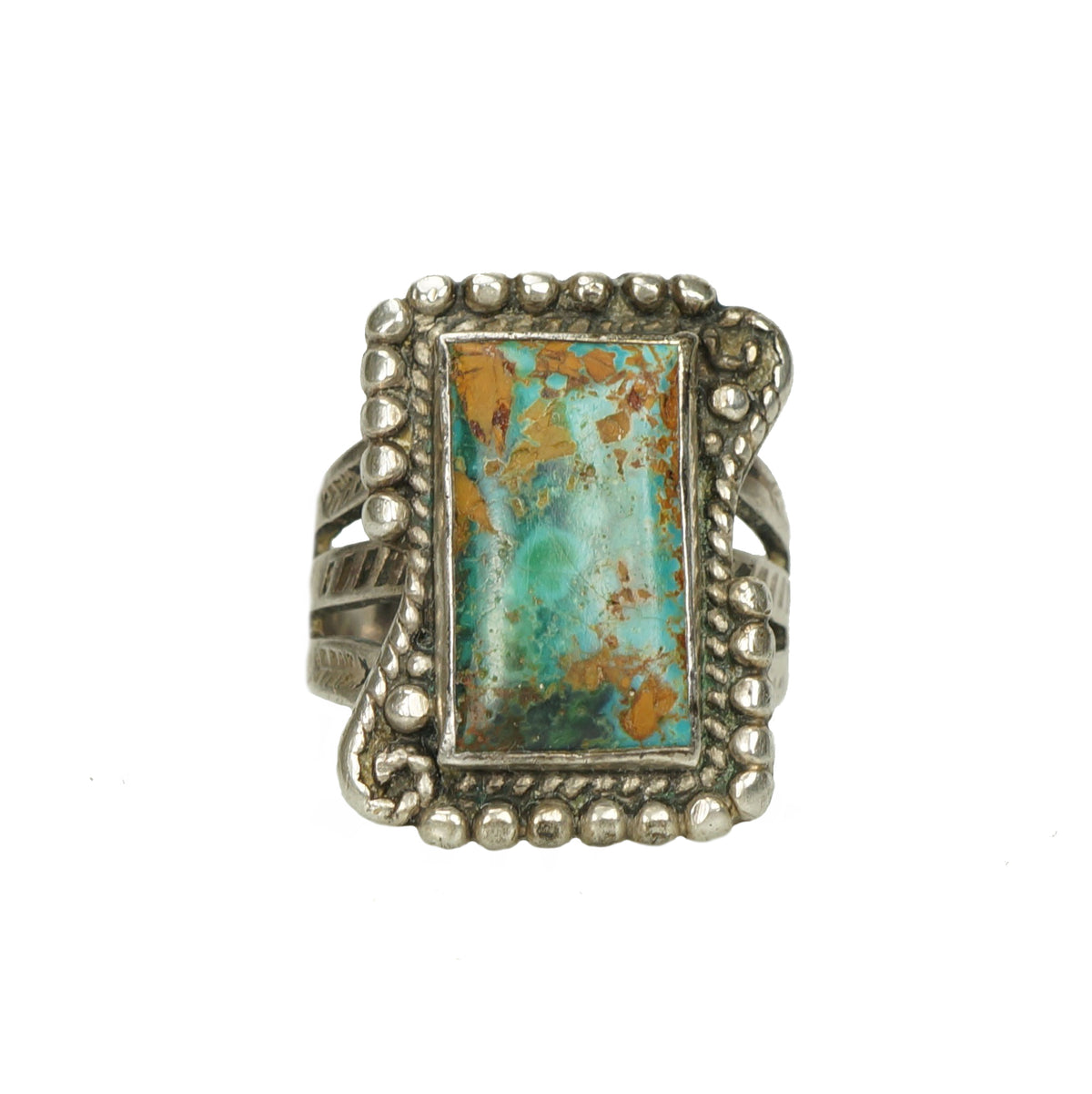 Early Native American Coin Silver Turquoise Ring - Gem Set Love