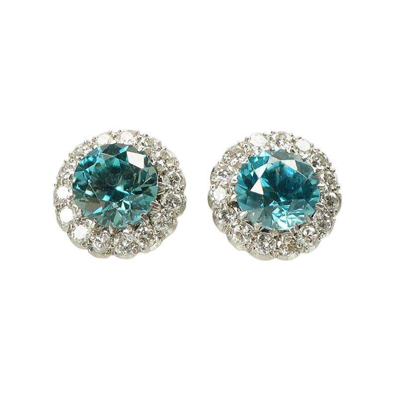 Diamond and Blue Zircon Stud Earrings in Platinum