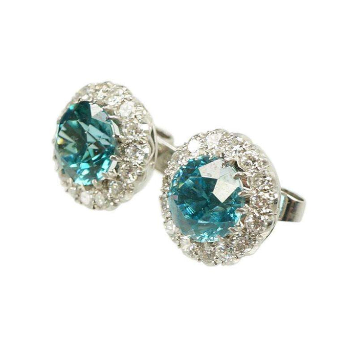 Diamond and Blue Zircon Stud Earrings in Platinum