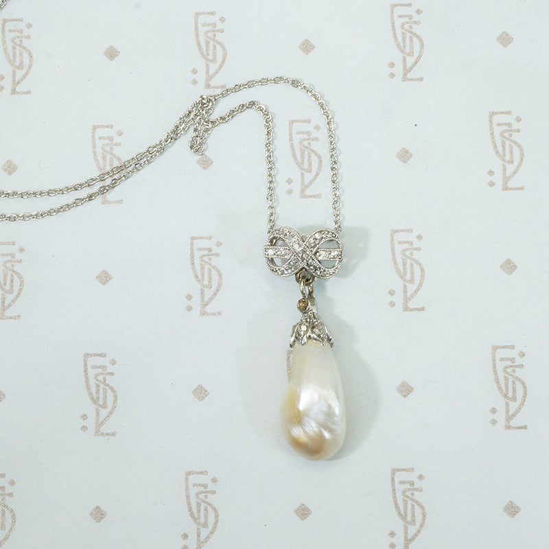 Natural Pearl Platinum and Diamond Pendant