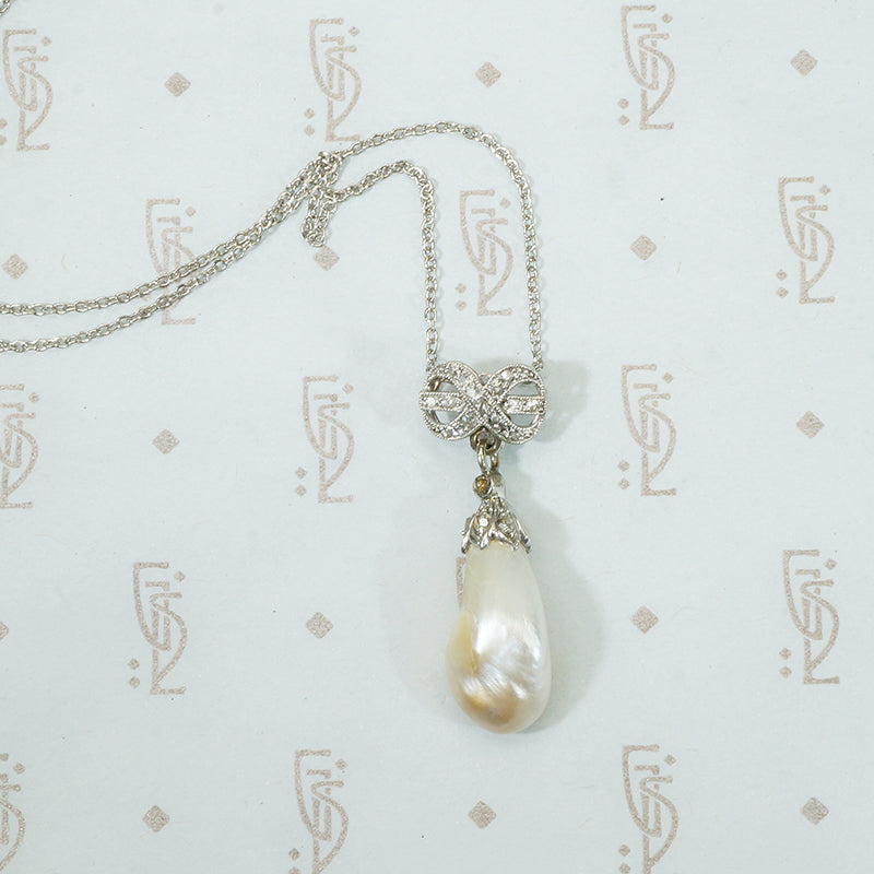 natural pearl rose cut diamond and platinum pendant